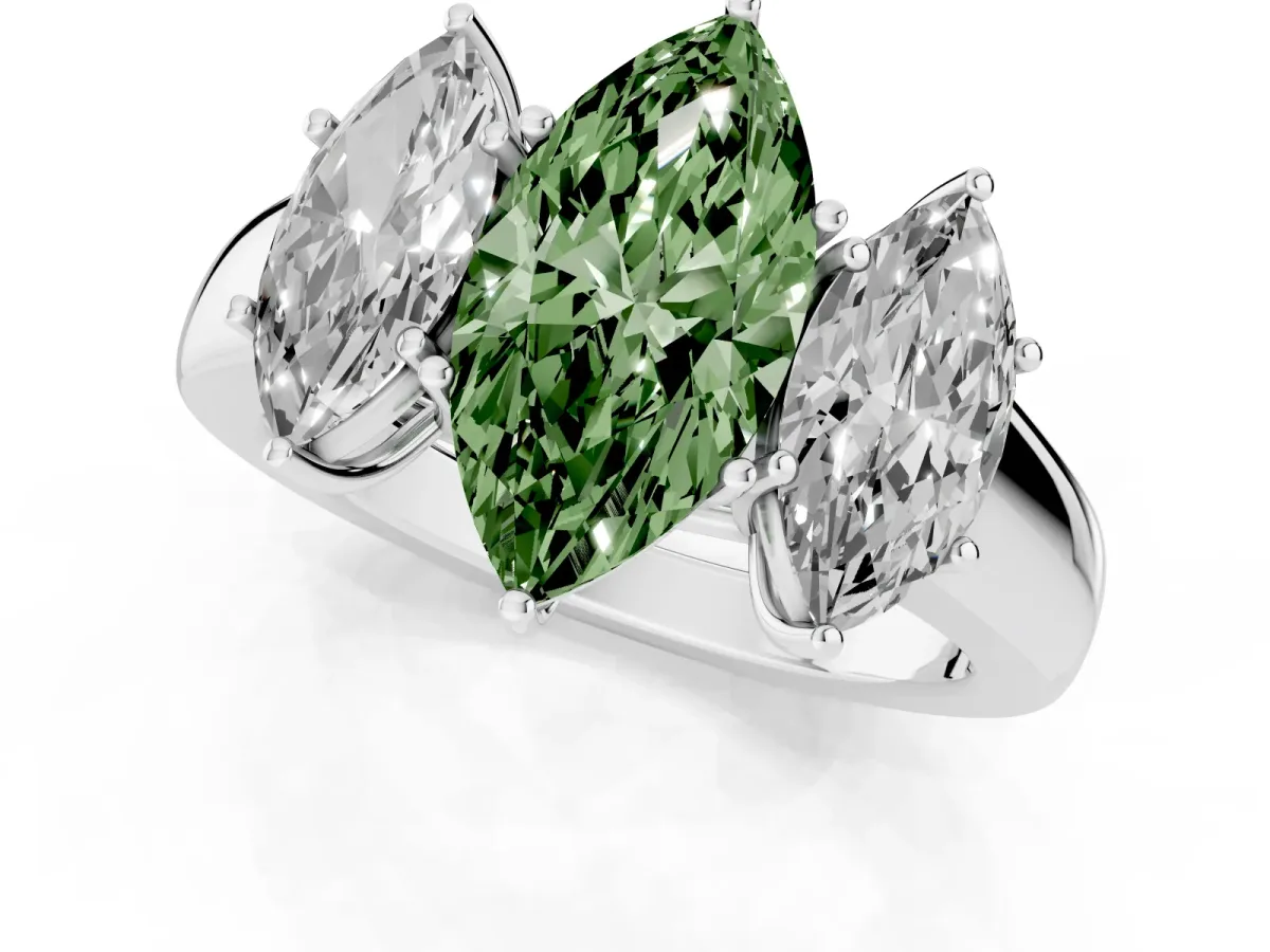 Fancy Green Three-Stone Marquise Cut Cut Diamond Ring with Prong Setting and Classic Band Silver