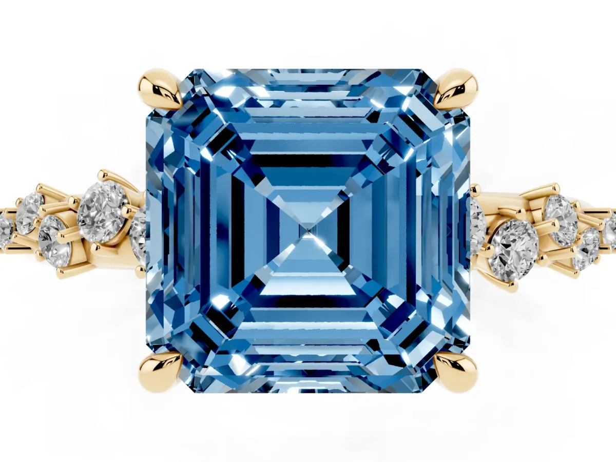 Fancy Blue Asscher Cut Cut Diamond Vine Band with Four-Prong Setting Yellow gold
