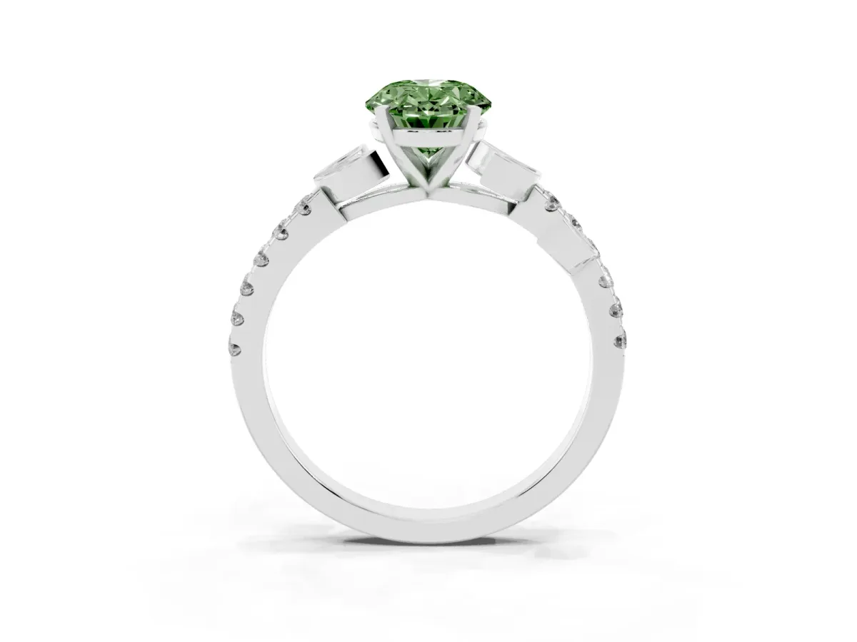 Fancy Green Oval Cut Solitaire Leaf-Inspired Diamond Ring with Pavé Band and Four-Prong Setting Silver