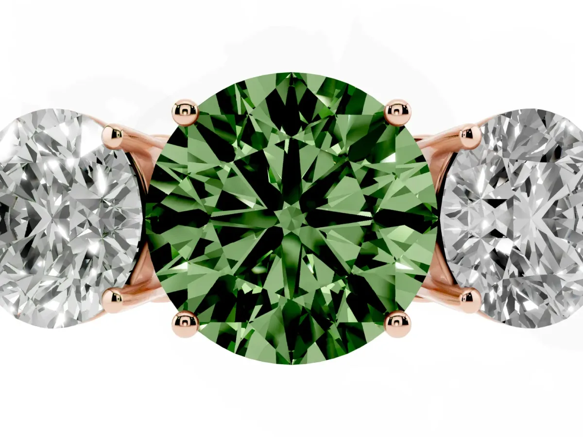 Fancy Green Round Cut Diamond Three-Stone Ring with Prong Setting and Textured Band Rose gold