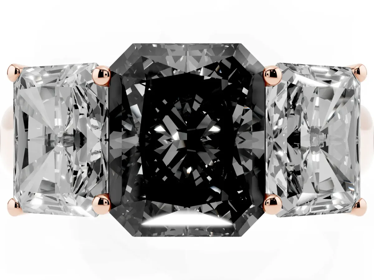 Fancy Black Radiant Cut Three-Stone Diamond Ring with Prong Setting on a Classic Band Rose gold