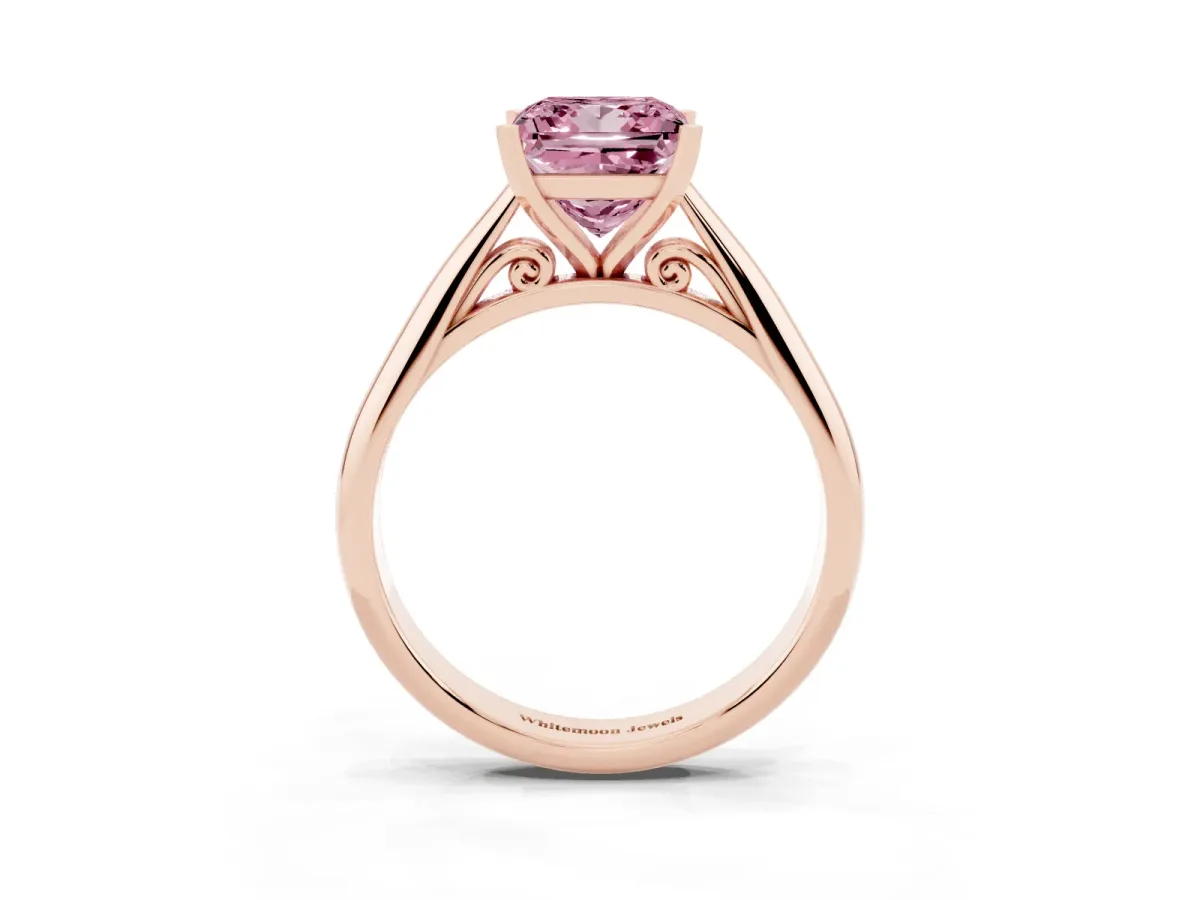 Fancy Pink Princess Cut Diamond Solitaire Engagement Ring with Cathedral Setting and Four-Prong Mount Rose gold