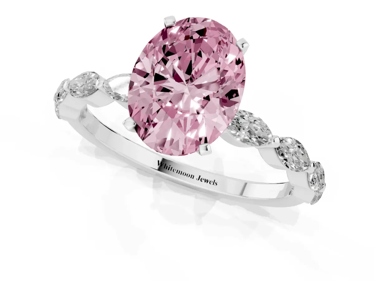 Fancy Pink Oval Cut Diamond Ring with Marquise Side Stones and Prong Setting White gold