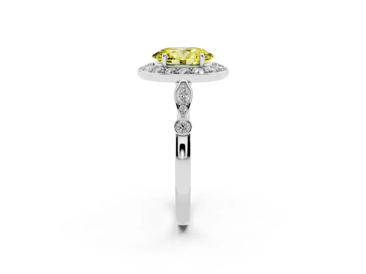 Fancy Yellow Oval Cut Halo Diamond Engagement Ring with Twisted Band and Four-Prong Setting Silver