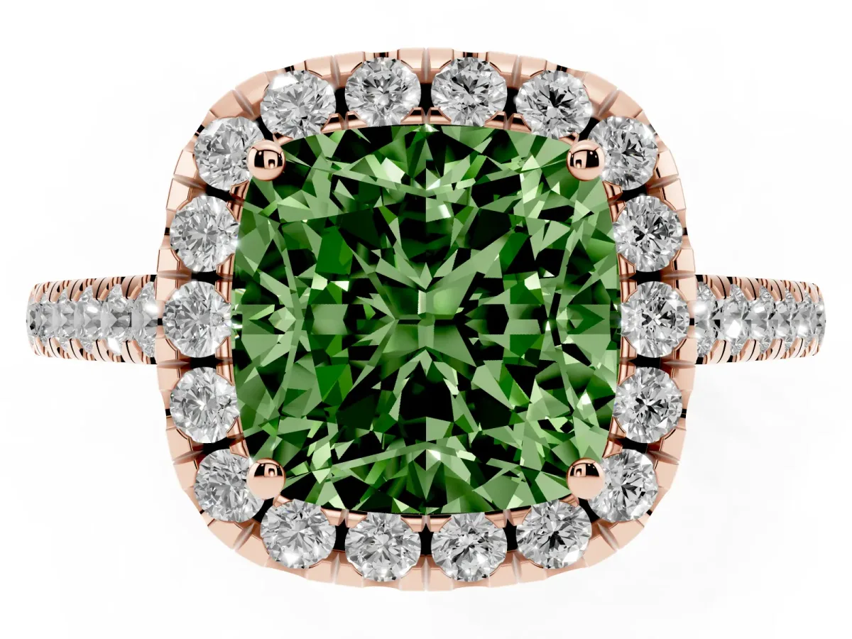 Fancy Green Cushion Cut Halo Pavé Diamond Engagement Ring with Four-Prong Setting Rose gold