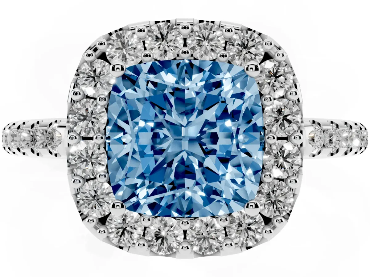 Fancy Blue Cushion Cut Diamond Pavé Halo Ring with Four-Prong Setting Silver