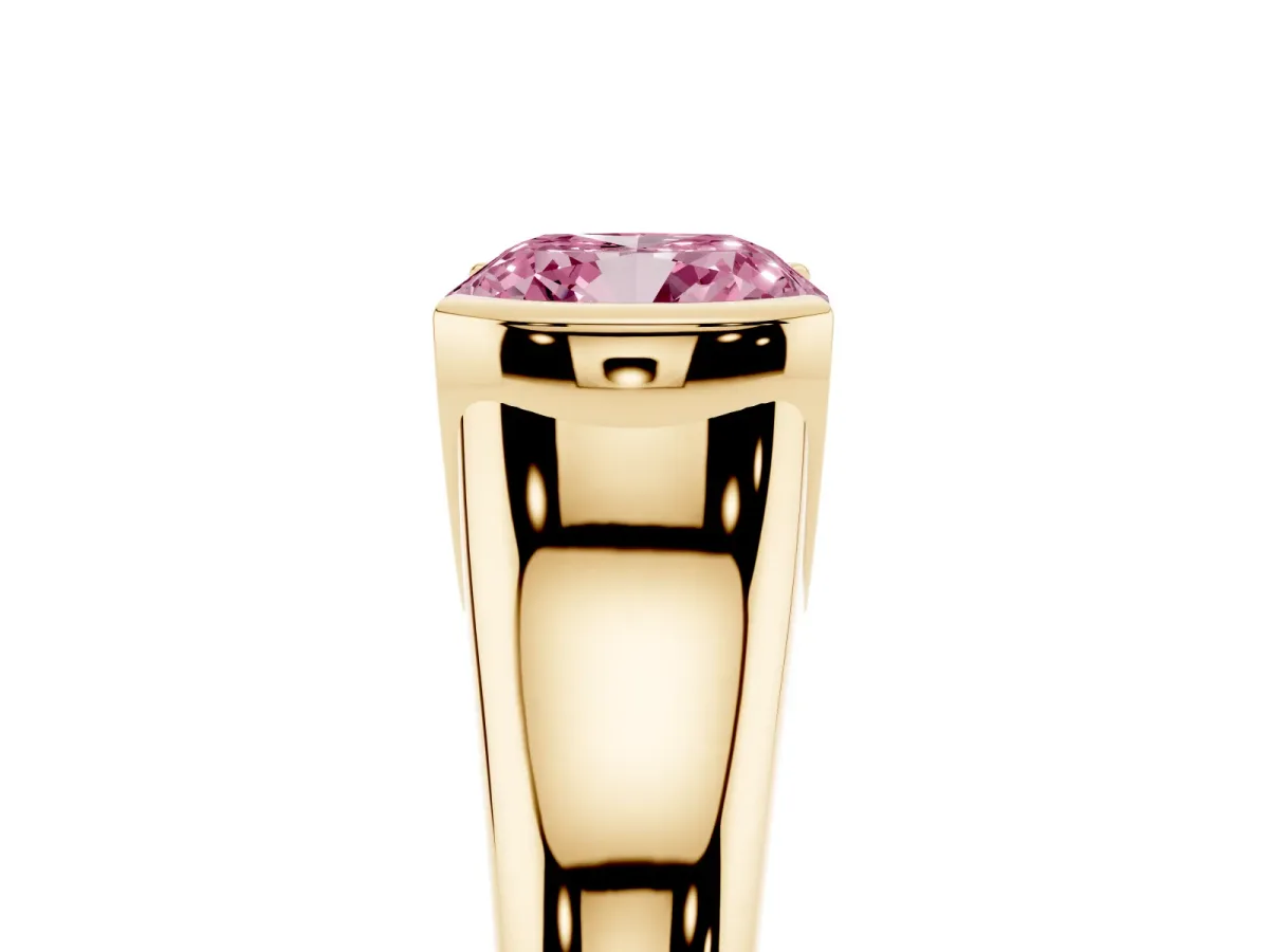 Fancy Pink Cushion Cut Solitaire Tension Set Diamond Ring with Split Shank Band Yellow gold