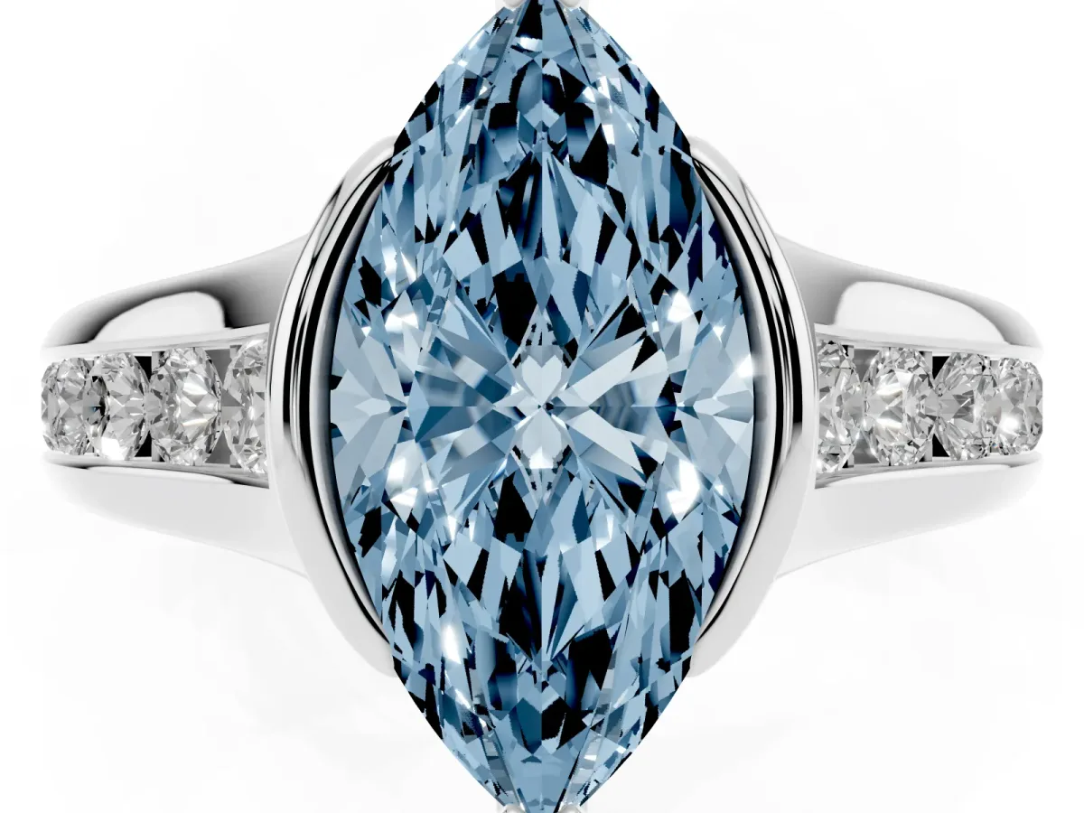 Fancy Blue Marquise Cut Solitaire Bezel-Set Diamond Ring with Channel-Set Band Silver