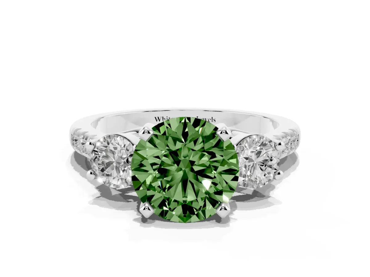 Fancy Green Three-Stone Round Cut Diamond Pavé Band with Four-Prong Setting Silver