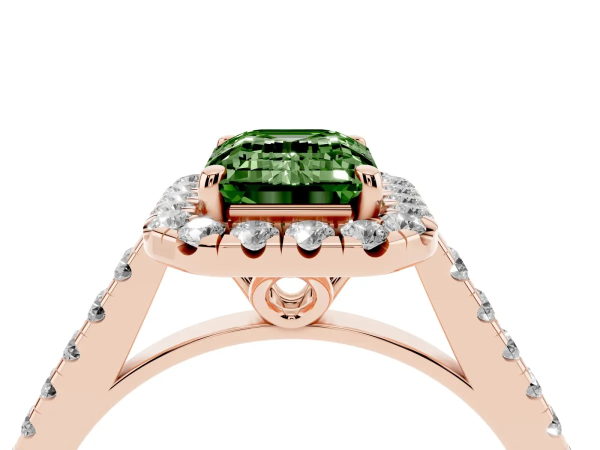 Fancy Green Emerald Cut Halo Pavé Diamond Engagement Ring with Four-Prong Setting Rose gold