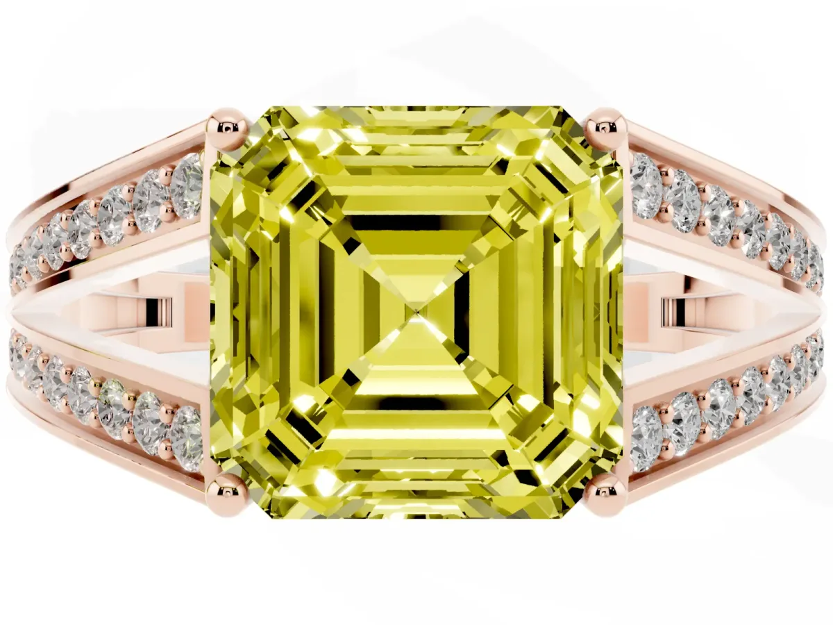 Fancy Yellow Asscher Cut Diamond Split Shank Ring with Pavé Band and Four-Prong Setting Rose gold