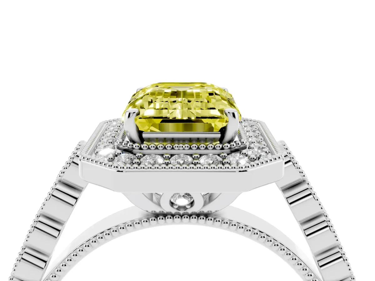 Fancy Yellow Emerald Cut Halo Milgrain Solitaire with Bezel Set Side Stones and Pave Band Silver
