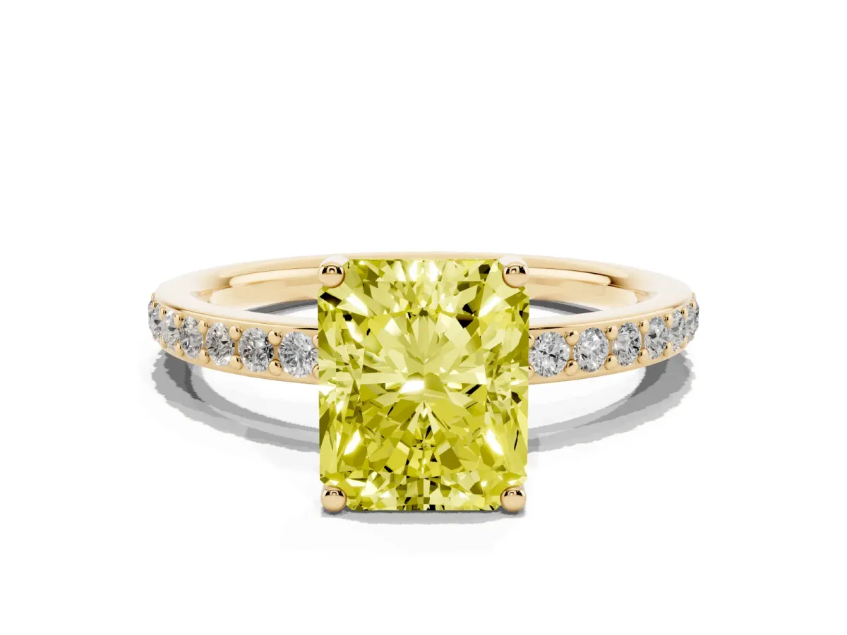Fancy Yellow Radiant Cut Cut Diamond Pavé Band Ring with Four-Prong Setting Yellow gold
