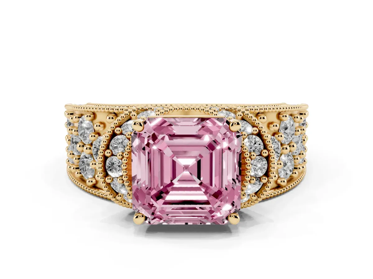 Fancy Pink Asscher Cut Halo Pave Diamond Engagement Ring with Milgrain Detailing Yellow gold