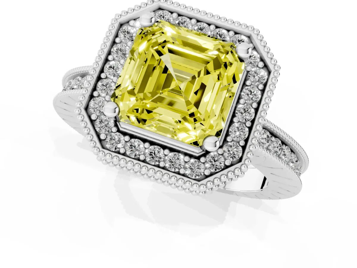 Fancy Yellow Asscher Cut Diamond Milgrain Halo Engagement Ring with Round Pavé Band and Prong Setting Platinum