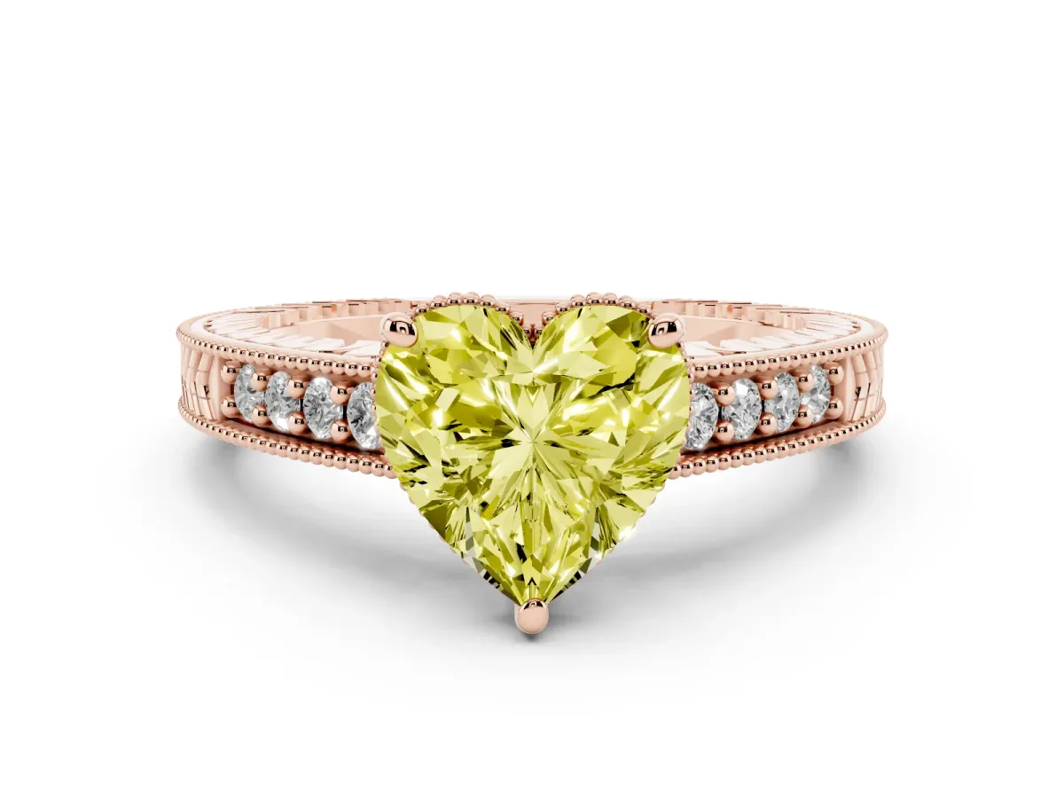 Fancy Yellow Heart Cut Solitaire Pavé Diamond Milgrain Engagement Ring with Four-Prong Setting Rose gold