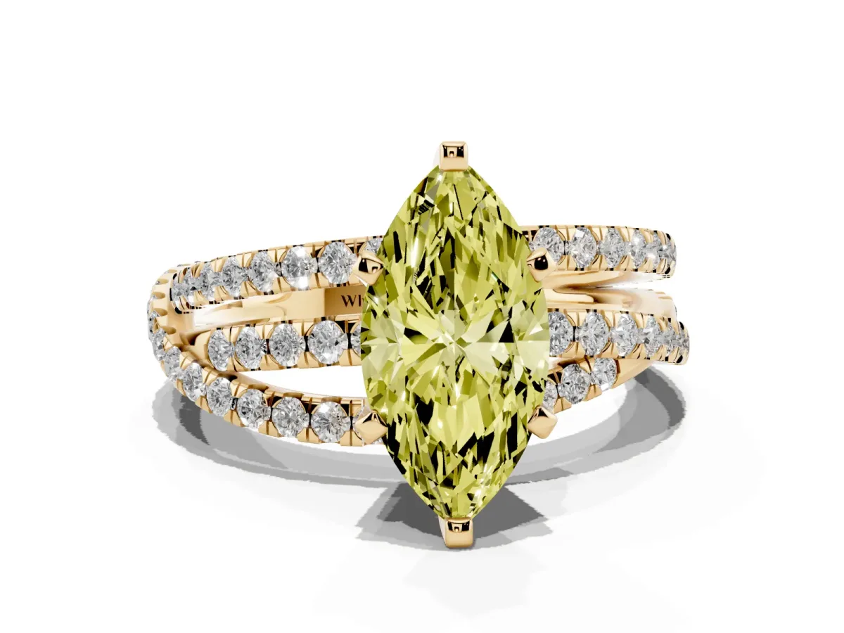 Fancy Yellow Marquise Cut Solitaire Twist Band with Pavé Setting and Four-Prong Setting Yellow gold