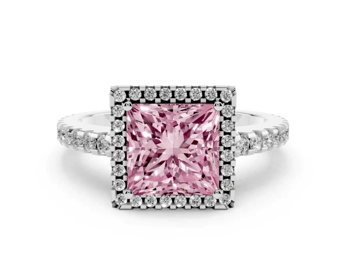 Fancy Pink Princess Cut Diamond Halo Engagement Ring with Pavé Band and Prong Setting Silver
