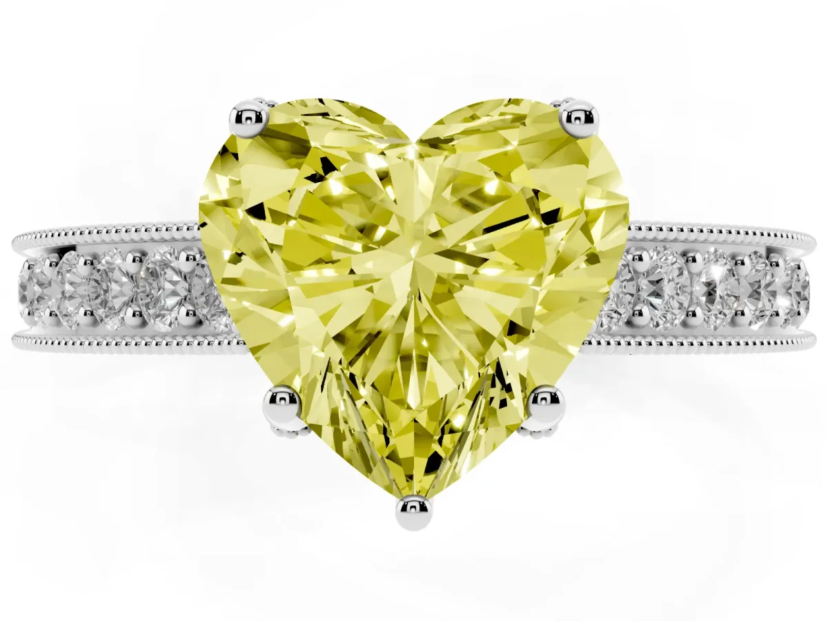 Fancy Yellow Heart Cut Cut Diamond Solitaire Ring with Milgrain Pave Band and Four Prong Setting Silver