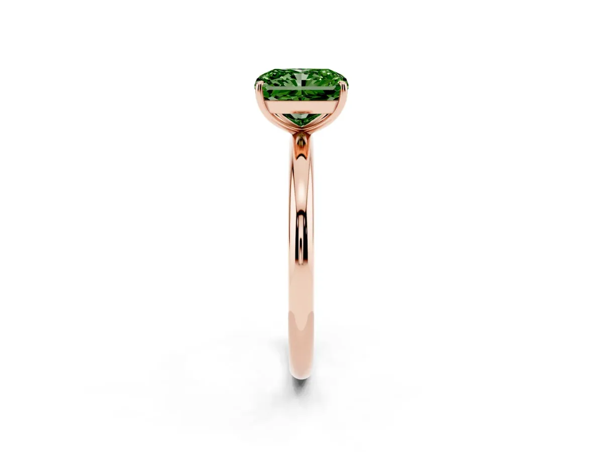 Fancy Green Radiant Cut Solitaire Diamond Ring with Four-Prong Setting on a Plain Band Rose gold