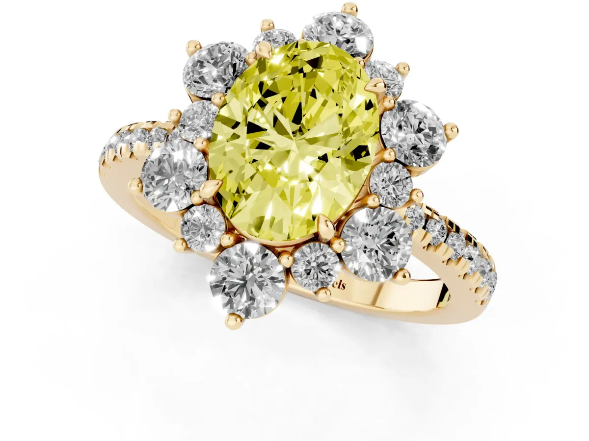 Fancy Yellow Oval Cut Diamond Floral Halo Ring with Round Pavé Band and Prong Setting Yellow gold