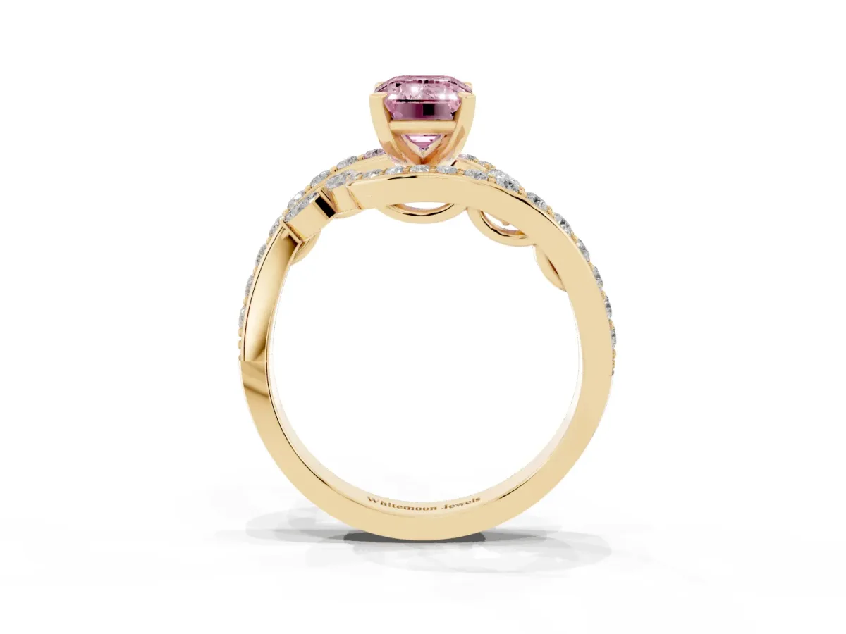 Fancy Pink Emerald Cut Solitaire with Pavé Twist Band and Four-Prong Setting Yellow gold