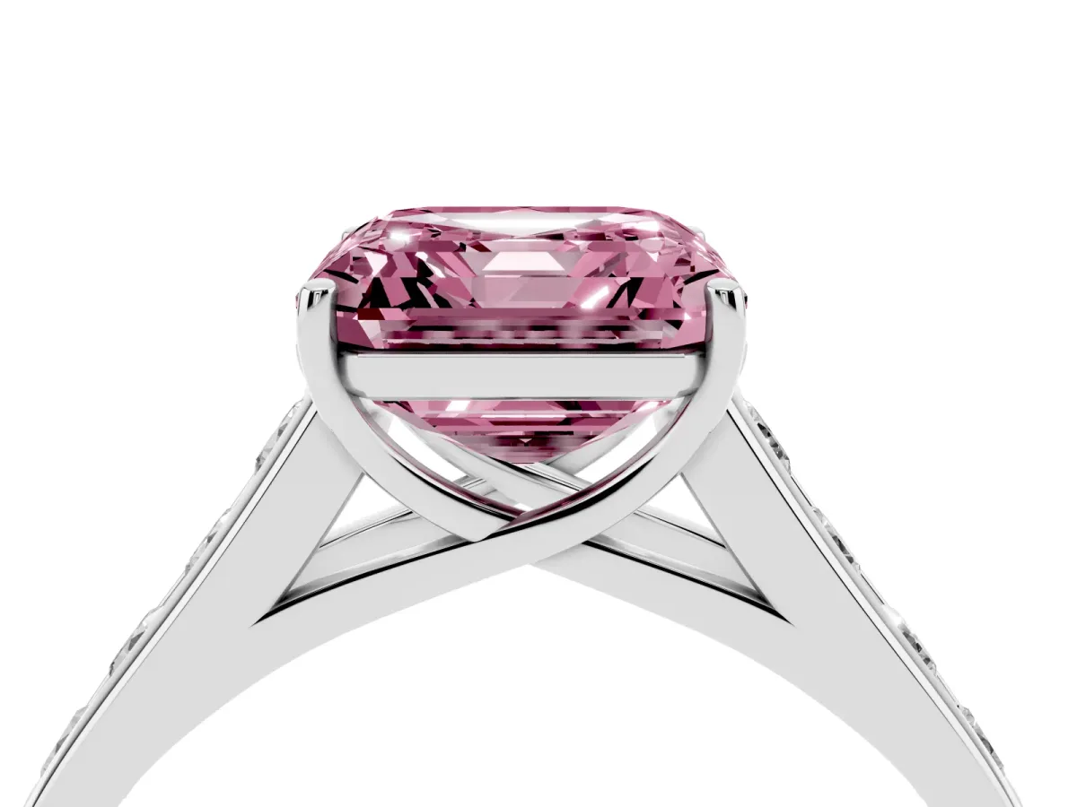Fancy Pink Asscher Cut Brilliant Channel-Set Solitaire Ring with Four-Prong Setting Silver