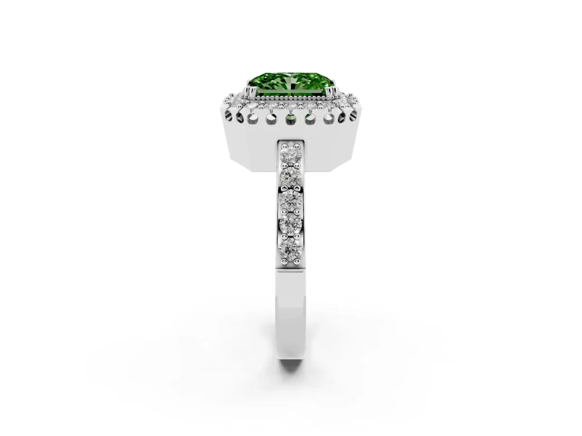 Fancy Green Radiant Cut Diamond Halo Ring with Pavé Band and Prong Setting Platinum