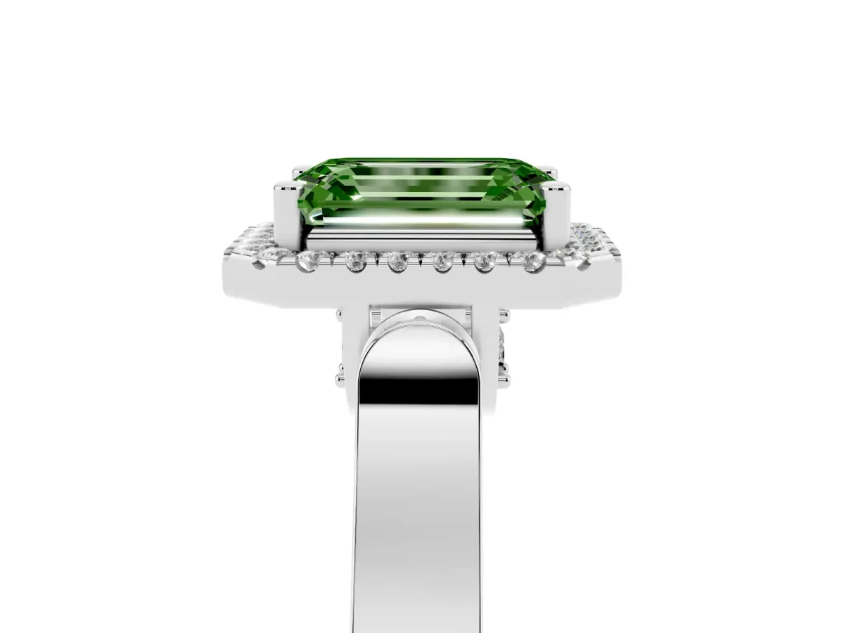 Fancy Green Emerald Cut Halo Pave Split Shank Prong Setting Ring Silver