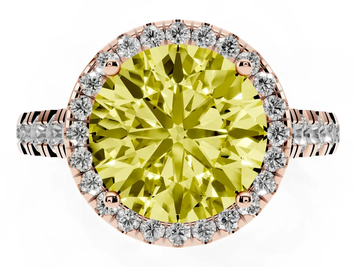 Fancy Yellow Round Cut Halo Pavé Diamond Engagement Ring with Four-Prong Setting Rose gold