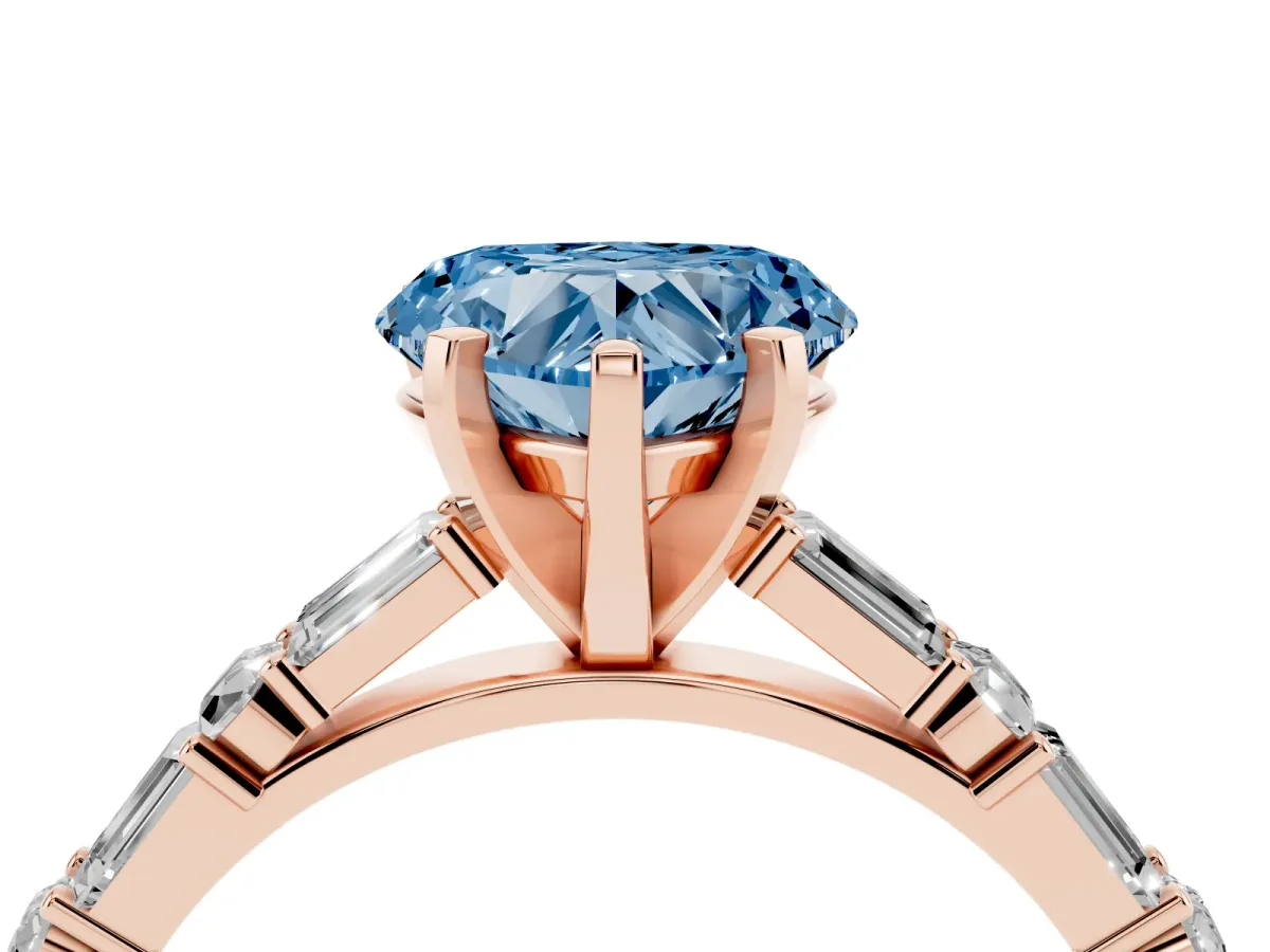 Fancy Blue Heart Cut Diamond Solitaire with Side Baguettes and Channel Set Band Rose gold