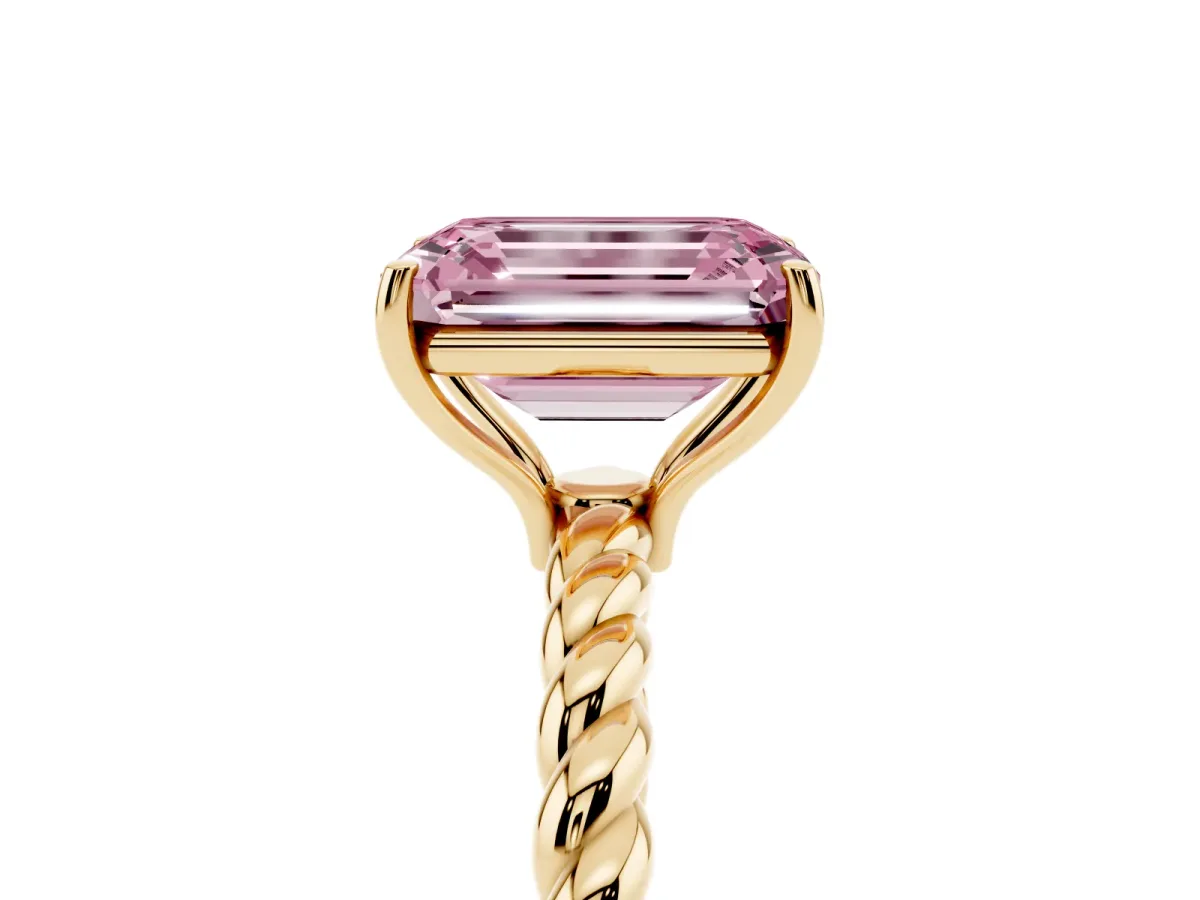 Fancy Pink Emerald Cut Solitaire Twisted Band 4-Prong Ring Yellow gold