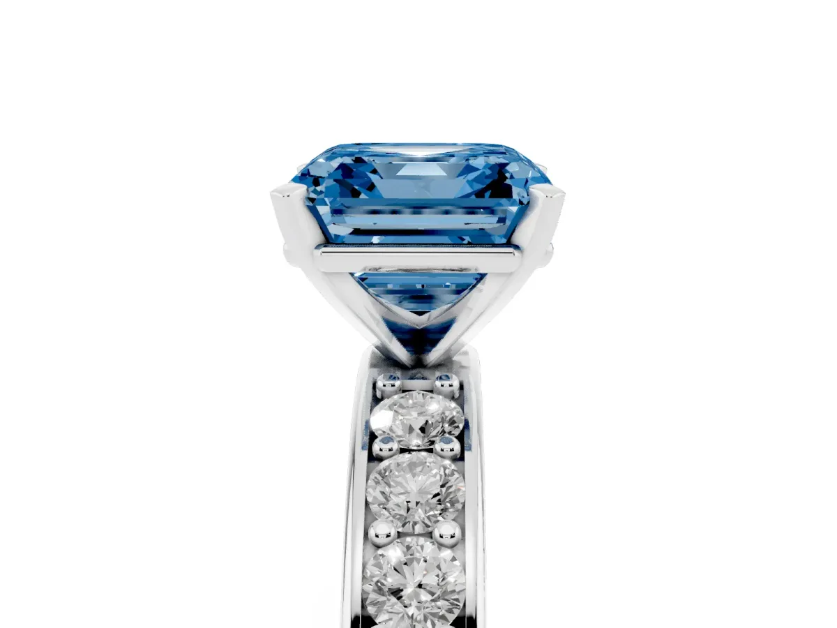 Fancy Blue Asscher Cut Diamond Engagement Ring with Channel Set Round Band and Prong Setting Silver
