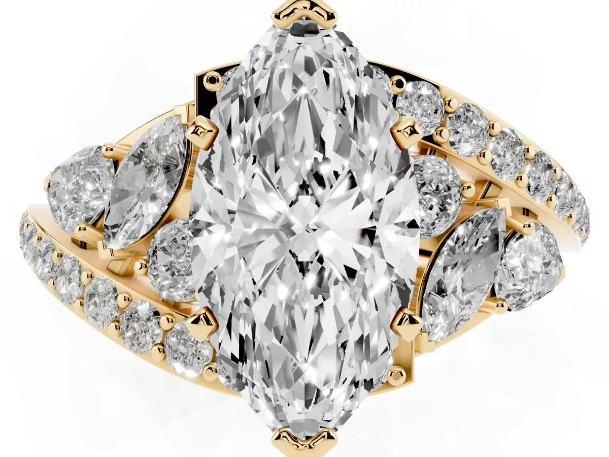 Marquise Cut Diamond Halo Ring with Marquise and Pavé Band in Prong Setting Yellow gold