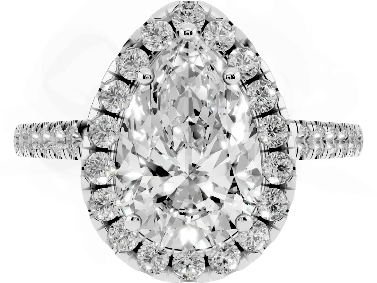 Pear Cut Halo Pavé Diamond Engagement Ring with Four-Prong Setting Silver