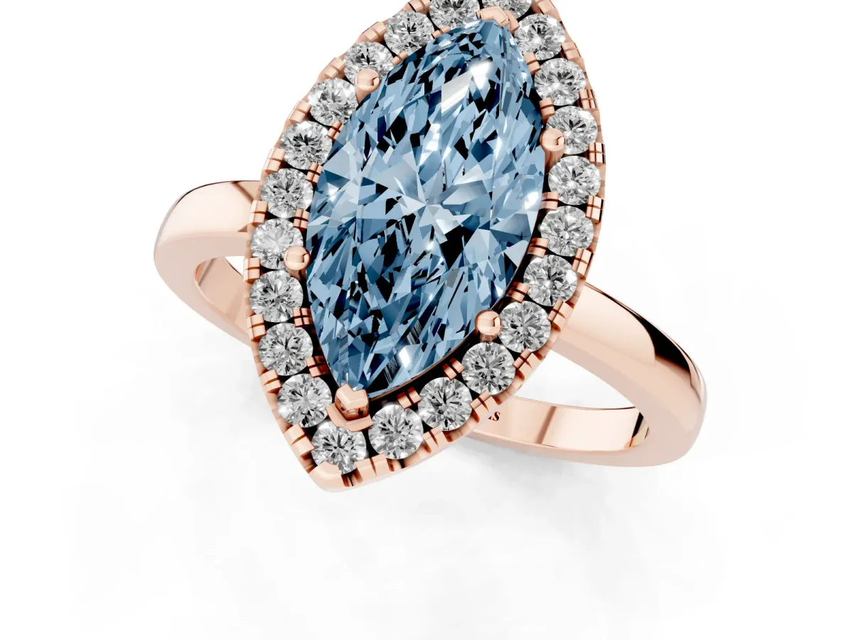 Fancy Blue Marquise Cut Halo Diamond Solitaire with Pavé Band and Four-Prong Setting Rose gold