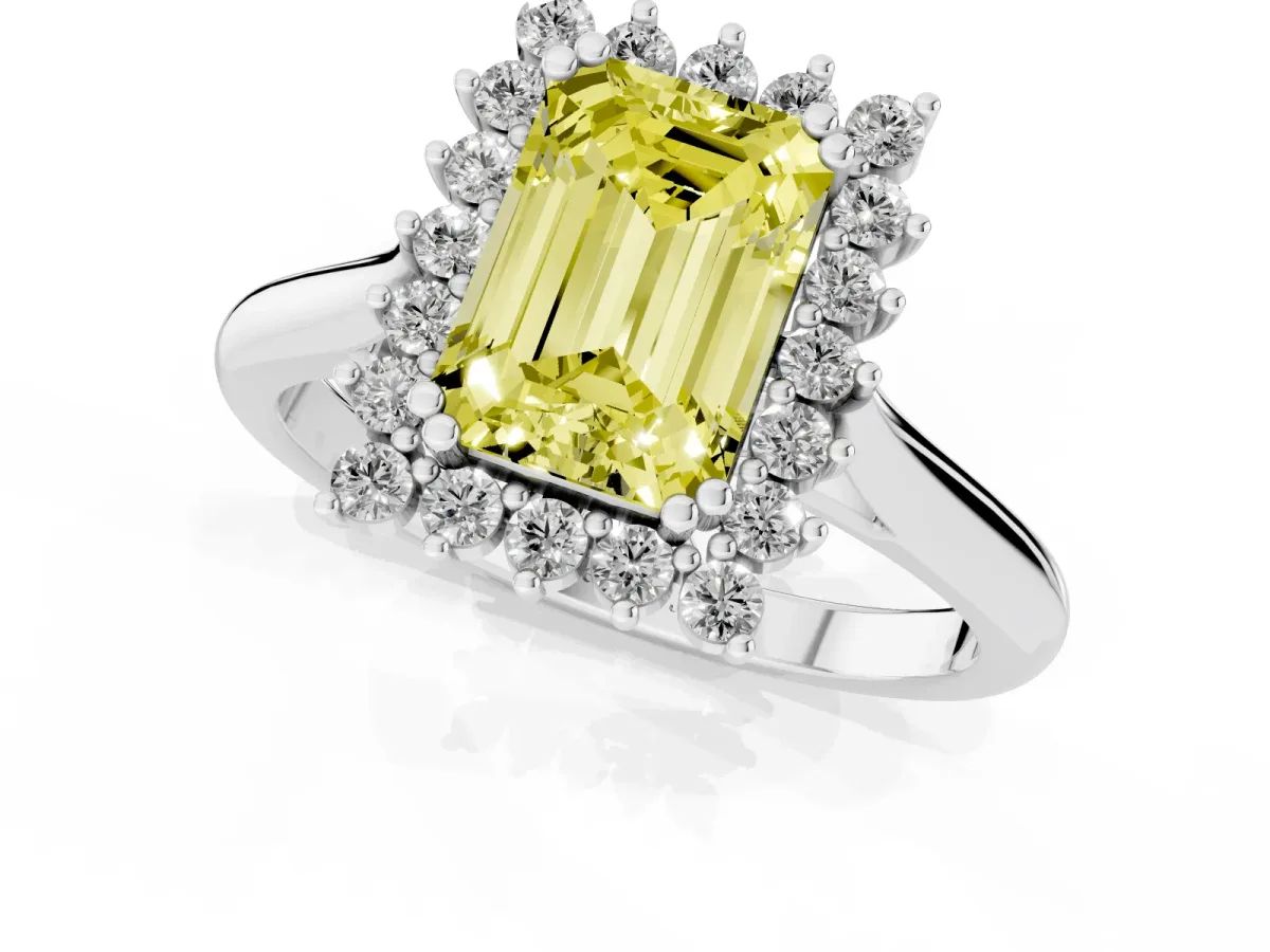 Fancy Yellow Emerald Cut Cut Diamond Halo Ring with Solitaire Band and Prong Setting Platinum