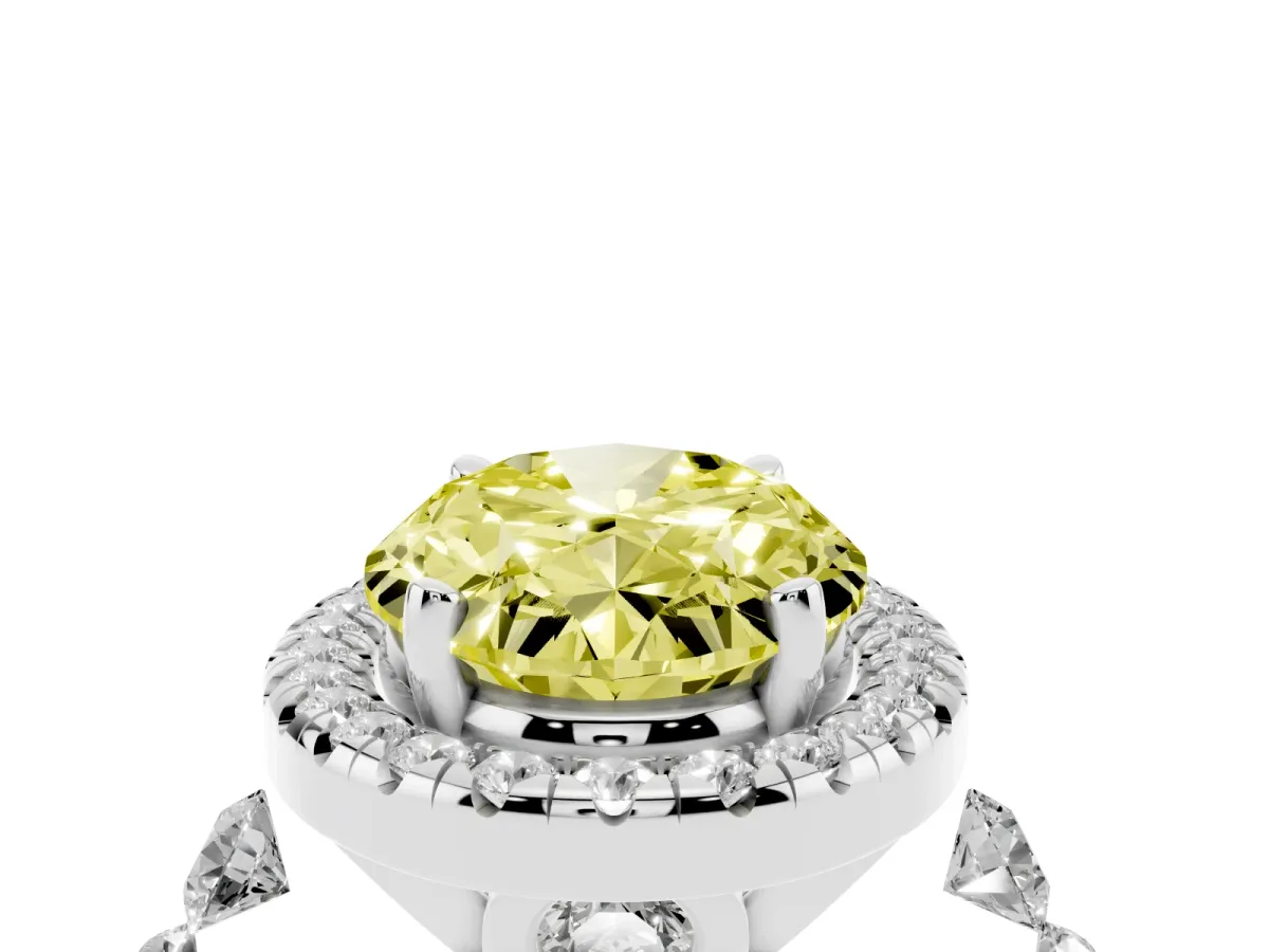 Fancy Yellow Oval Cut Halo Pavé Diamond Engagement Ring with Four-Prong Setting White gold