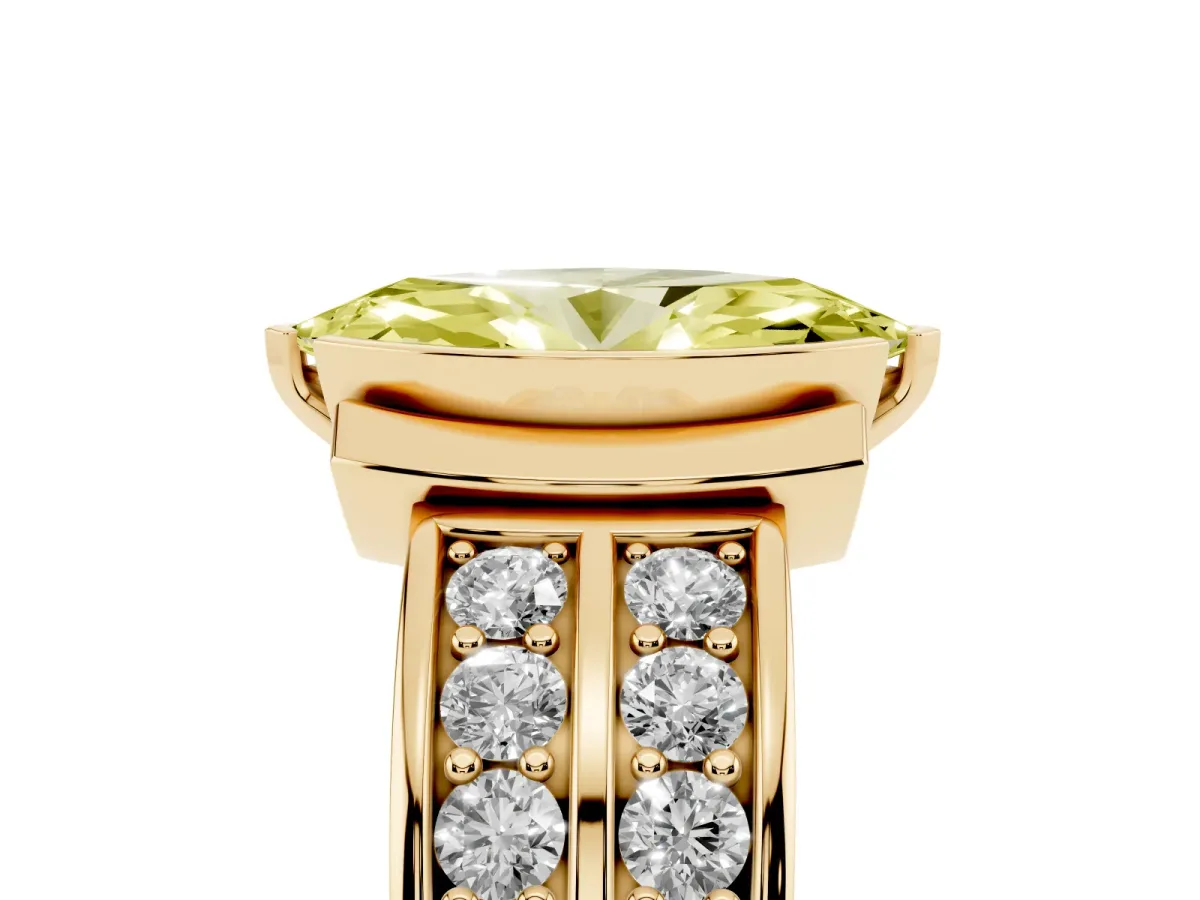 Fancy Yellow Marquise Cut Brilliant Diamond Channel Set Wide Band Ring with Bezel Setting Yellow gold