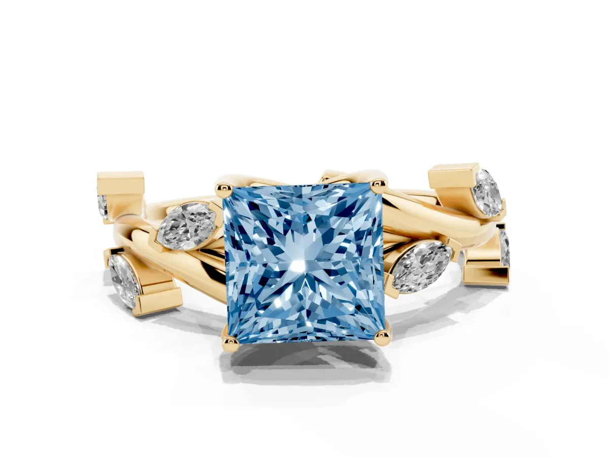 Fancy Blue Princess Cut Solitaire Twisted Band Marquise Accent Prong Setting Ring Yellow gold