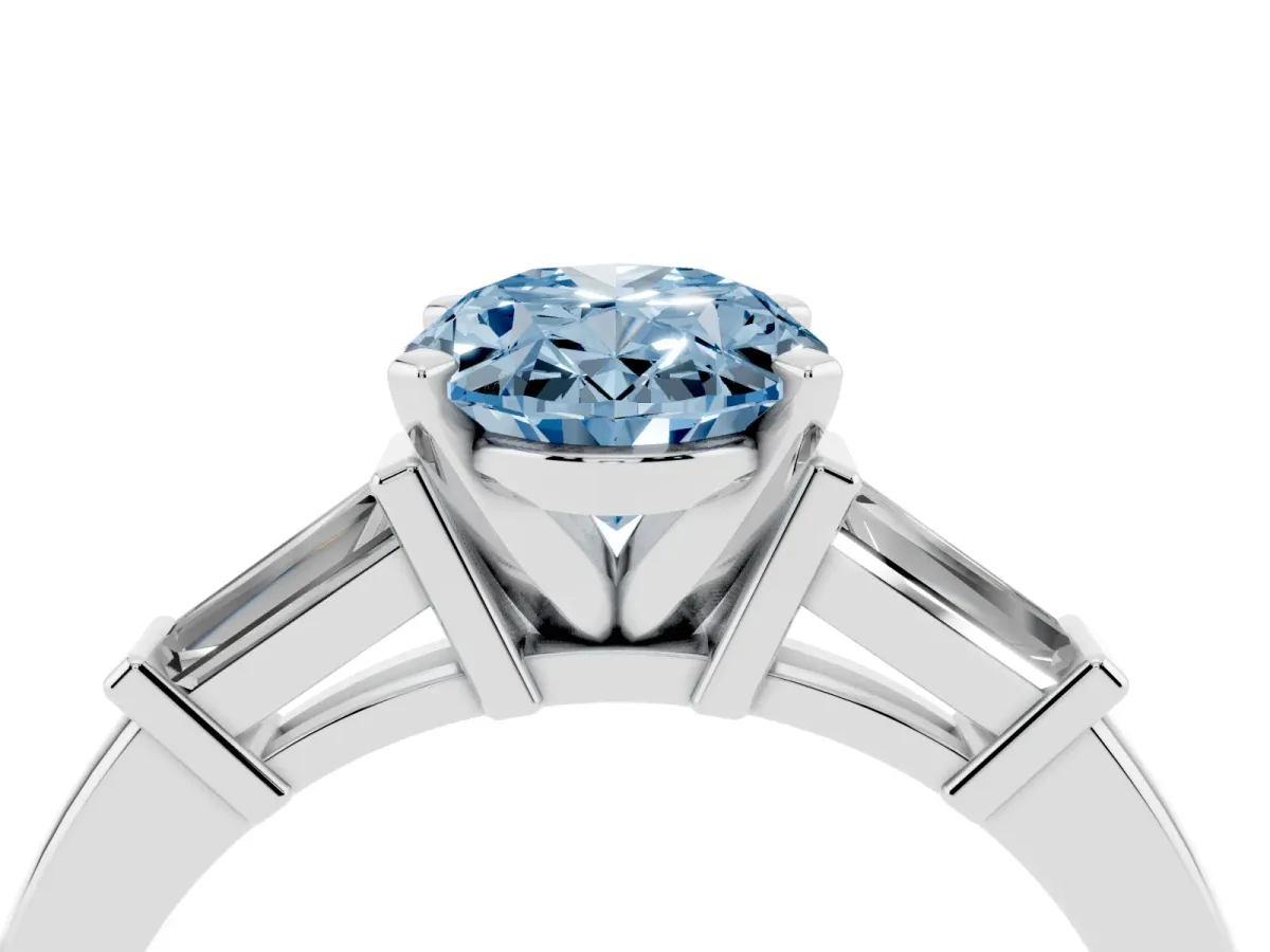 Fancy Blue Oval Cut Cut Diamond Solitaire Ring with Tapered Baguette Accents and Four-Prong Setting White gold