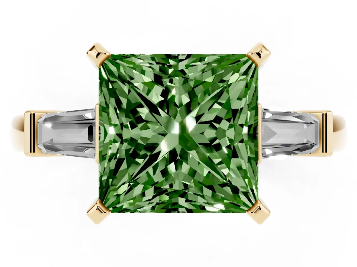 Fancy Green Princess Cut Cut Diamond Solitaire Ring with Tapered Baguette Accents and Four-Prong Setting Yellow gold