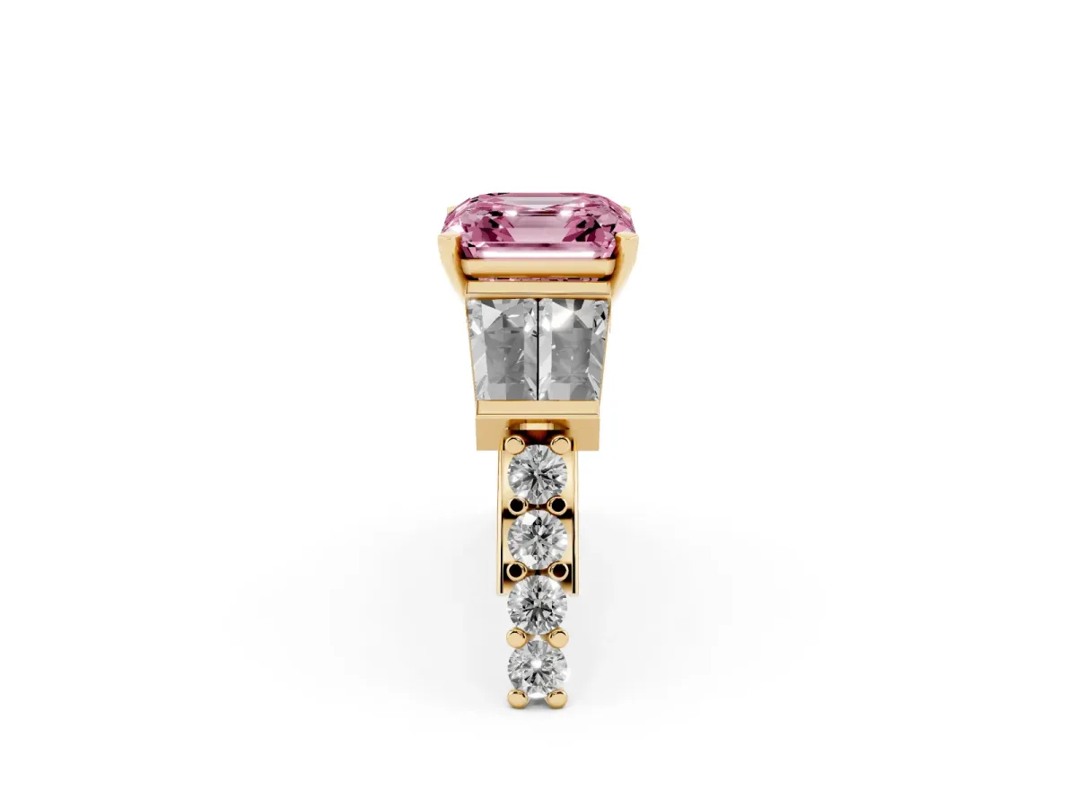 Fancy Pink Asscher Cut Diamond Engagement Ring with Baguette Side Stones and Channel Set Band Yellow gold