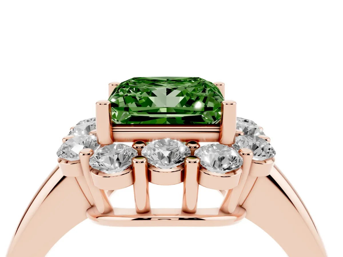 Fancy Green Princess Cut Halo Milgrain Solitaire with Bezel Set Side Stones and Pave Band Rose gold