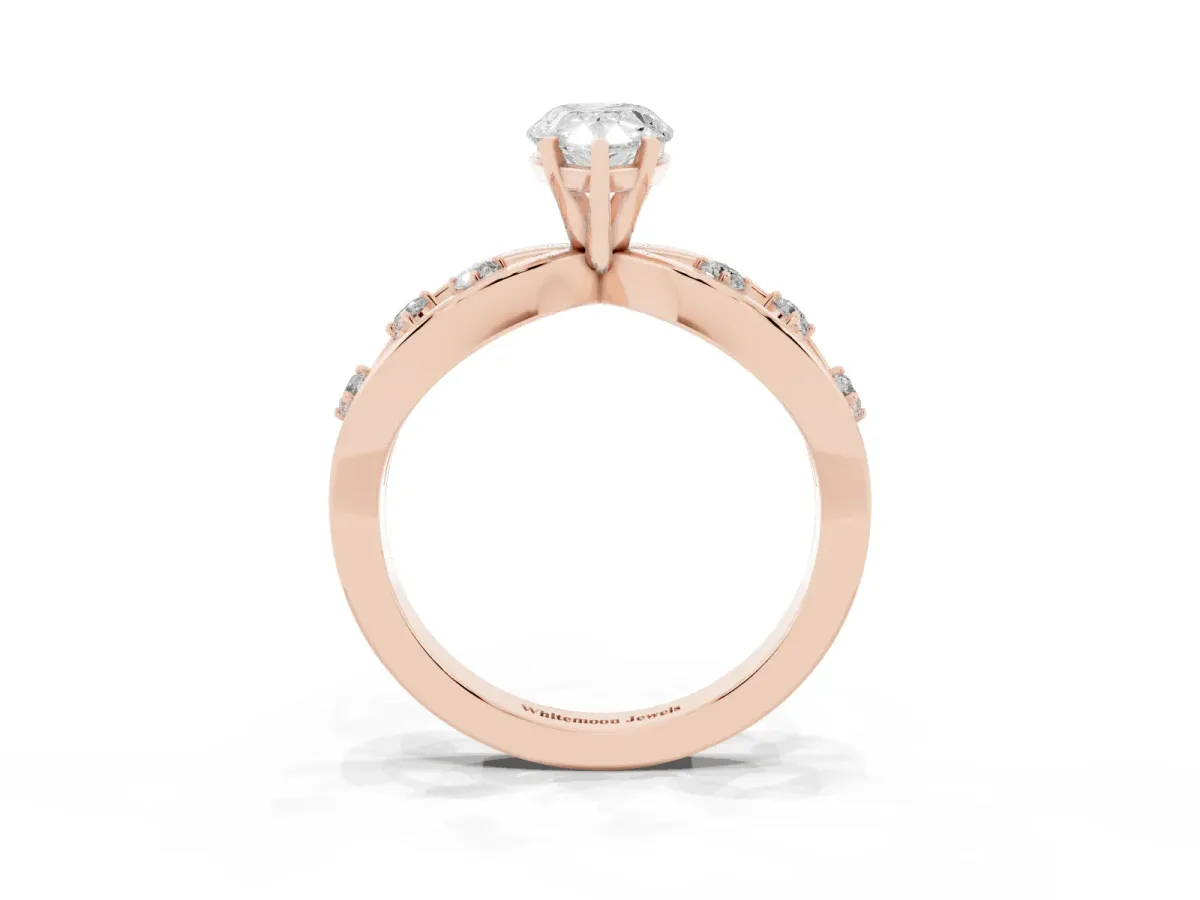 Pear Cut Cut Solitaire Diamond with Side Stones on Criss-Cross Band and Four-Prong Setting Rose gold
