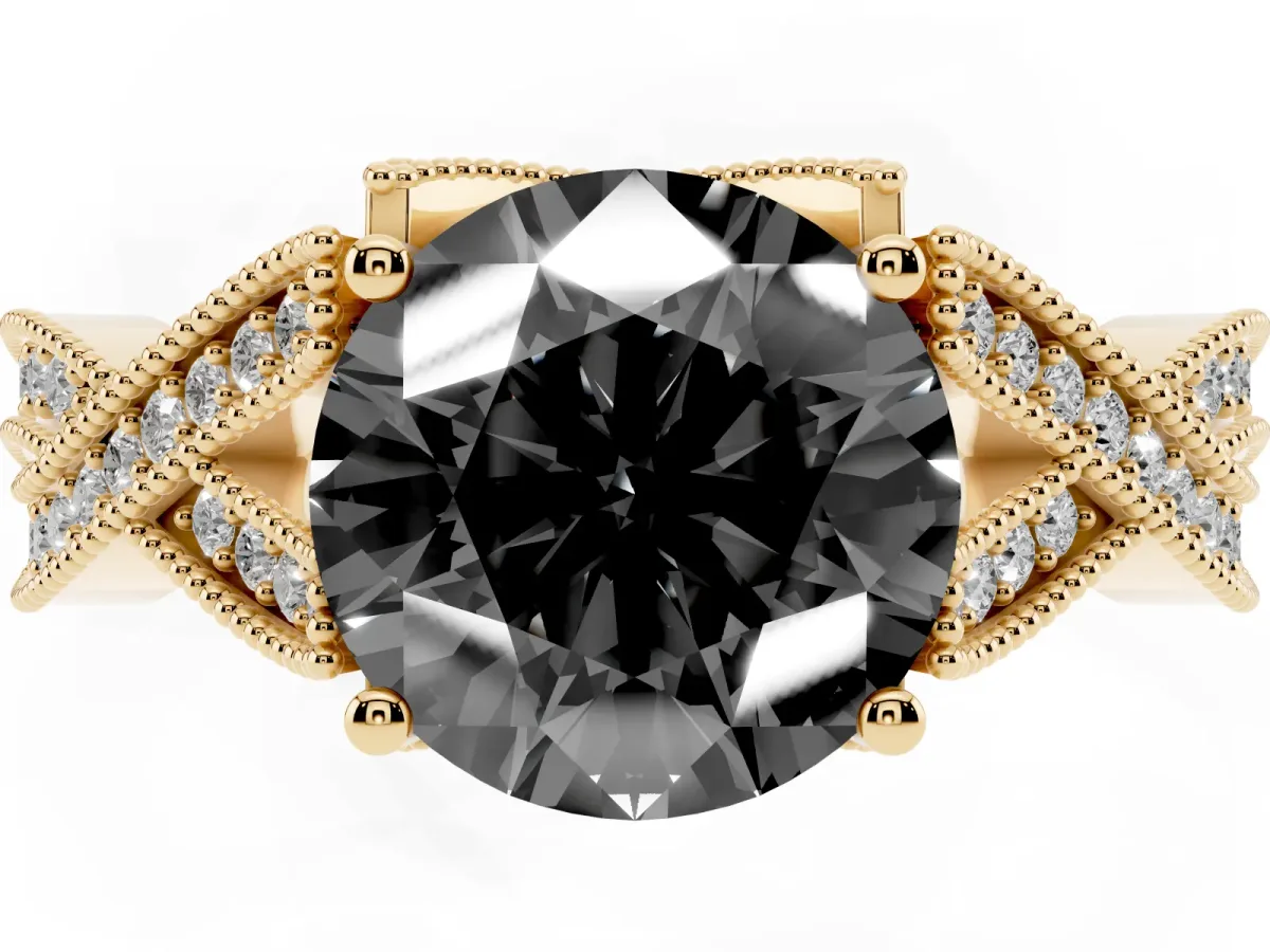 Fancy Black Round Cut Cut Diamond Twisted Band with Milgrain Pave Setting and Four-Prong Setting Yellow gold