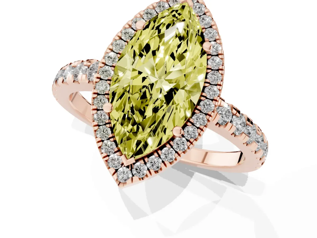Fancy Yellow Marquise Cut Diamond Halo Ring with Pavé Band and Four-Prong Setting Rose gold
