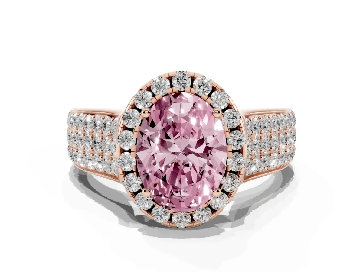 Fancy Pink Oval Cut Halo Round Diamond Pave Band with Prong Setting Rose gold