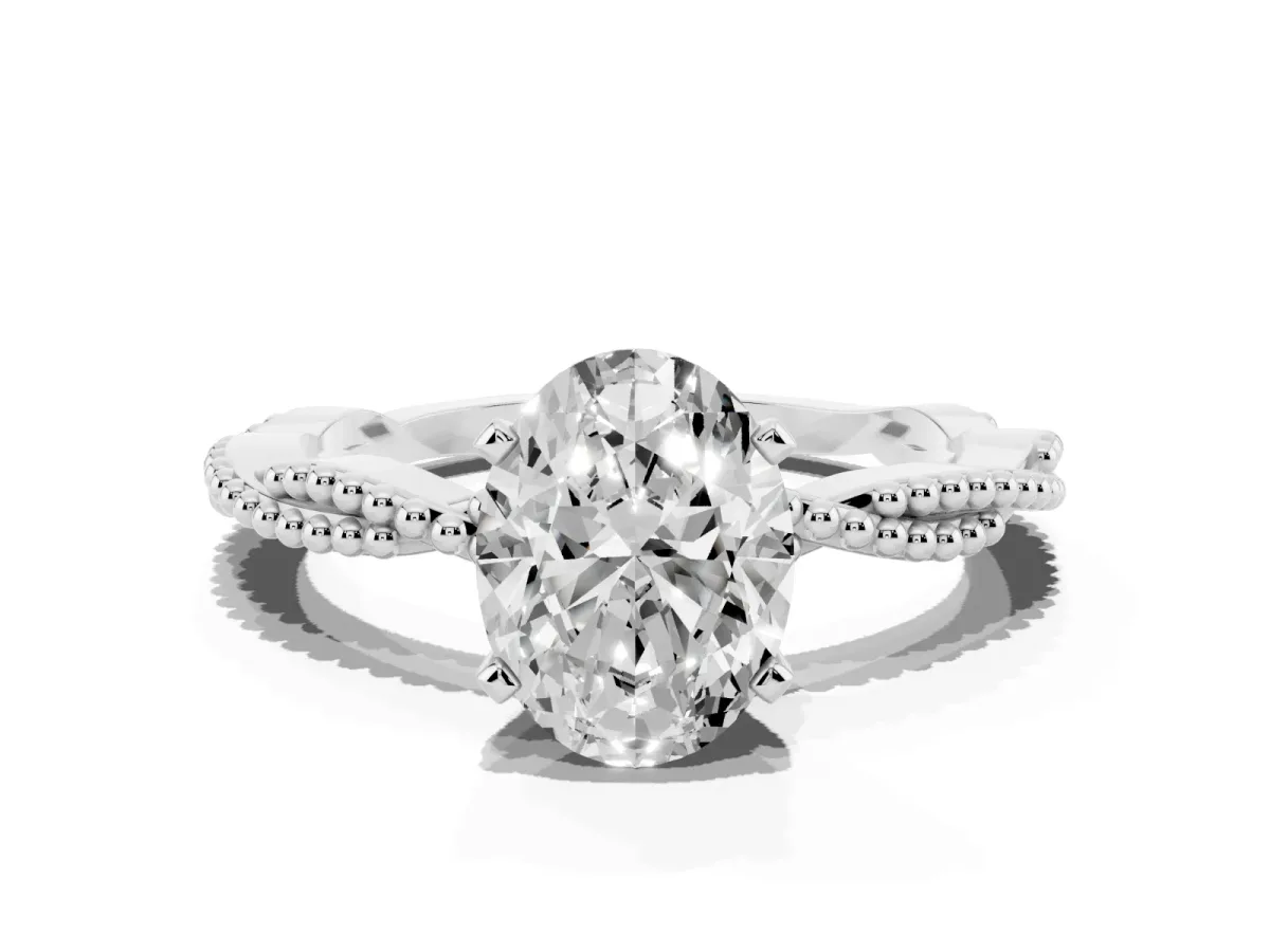 Oval Cut Solitaire Twisted Band with Bead Prong Setting Silver