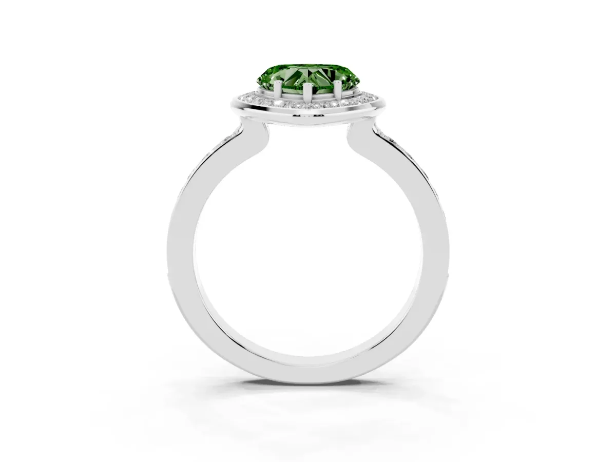 Fancy Green Heart Cut Diamond Halo Ring with Bezel Frame and Pavé Band Silver